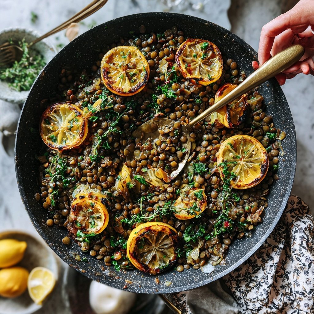 Roasted Lemon Garlic Lentil Skillet